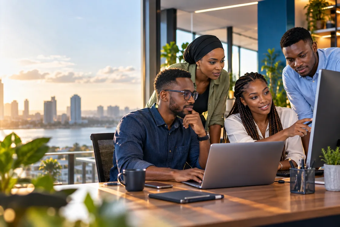 Illustrative photograph of technology professionals collaborating in a modern workspace
